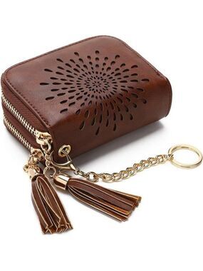 RFID Leather Card Holder Wallet for Women Small Zipper Coin Purse Keychain